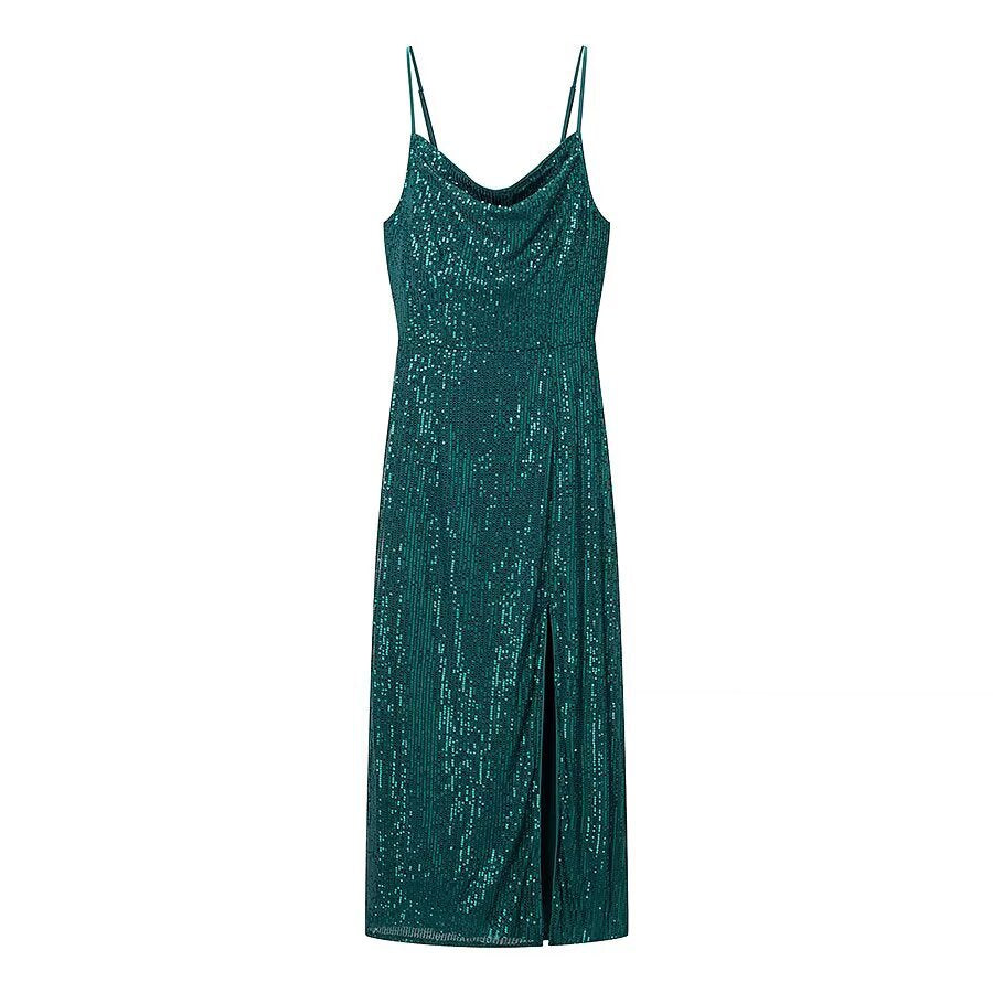 Woman wearing Sexy Sequin Camisole Dress in a stylish evening setting
