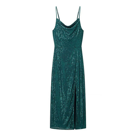 Woman wearing Sexy Sequin Camisole Dress in a stylish evening setting