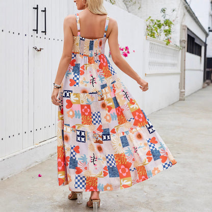 Woman wearing Floral Print Strap Flowy Boho Beach Maxi Dress in a sunny beach setting
