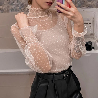 Woman wearing Transparent Korean Lace Blouse in a casual outdoor setting