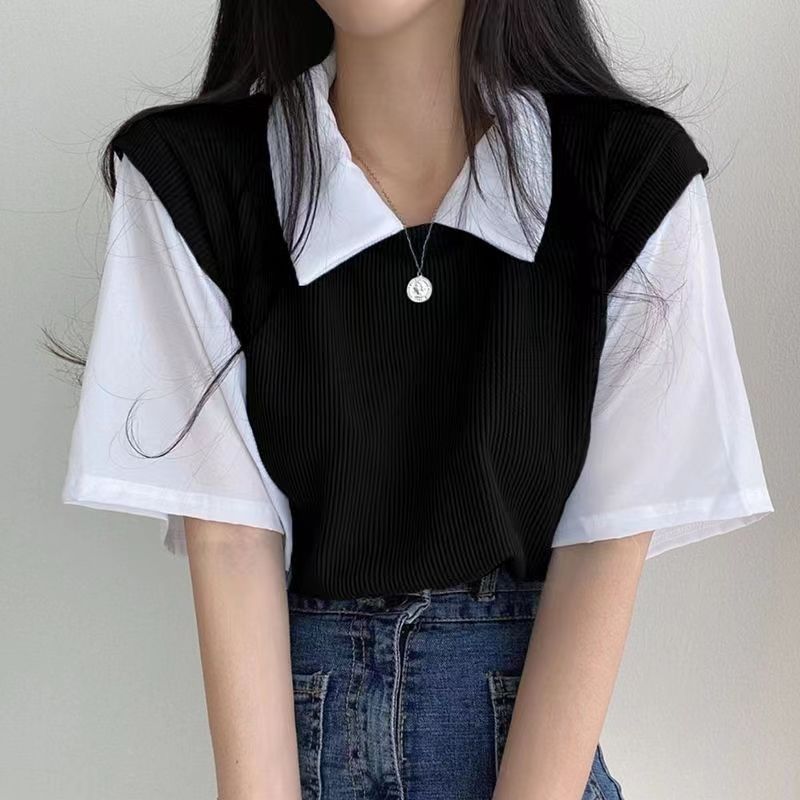 Woman wearing Two Tone Polo Neck Short Sleeve Top in a casual setting