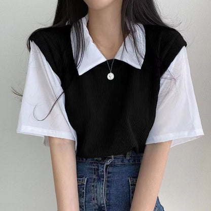Woman wearing Two Tone Polo Neck Short Sleeve Top in a casual setting