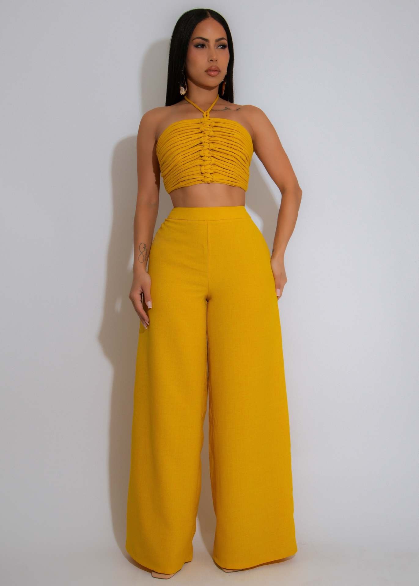 Drawstring Tie-Up Top and High Waist Loose Long Pants Set | Tajstylo
