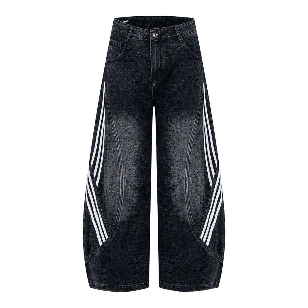 Retro Street Washed Three-Stripe Deconstructed Wide-Leg Jea | Tajstylo