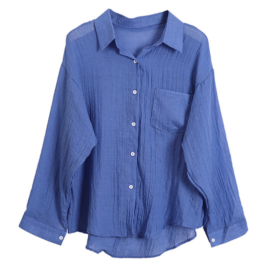 Woman wearing Shirt Collar Long Sleeve Loose Fit Top in a casual setting