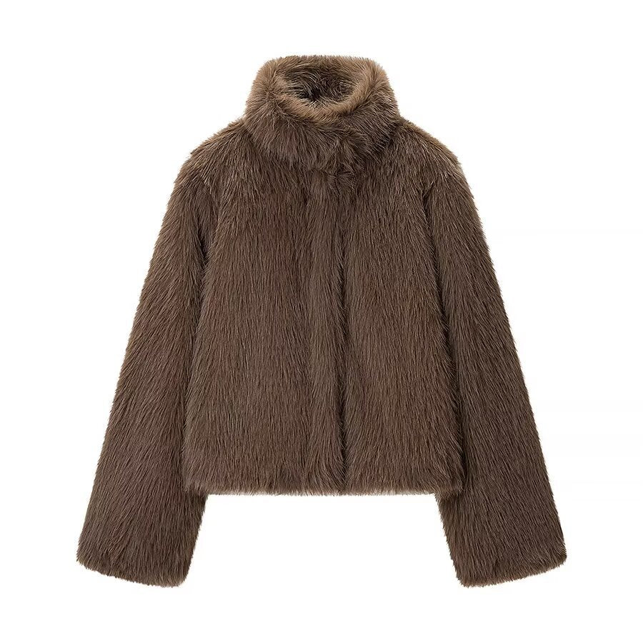 Woman wearing High Neck Long Sleeve Loose Fit Faux Fur Coat in a winter setting