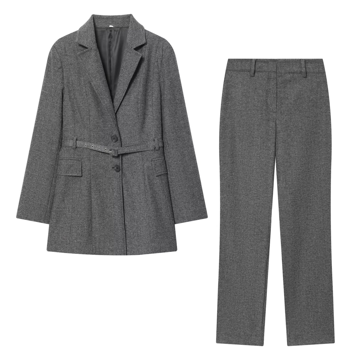 Woman wearing Belt Tied Suit Jacket and Pants Set in office setting