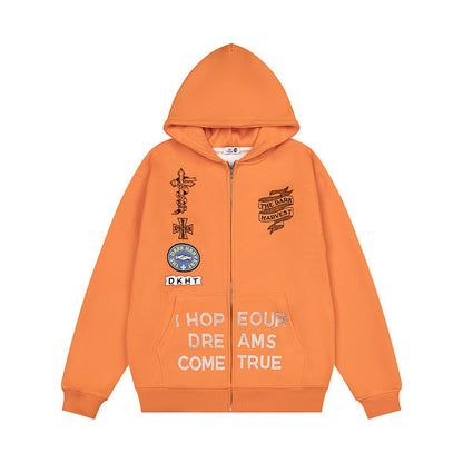Woman wearing Embroidered Hooded Zip-Up Sweatshirt Jacket in casual setting