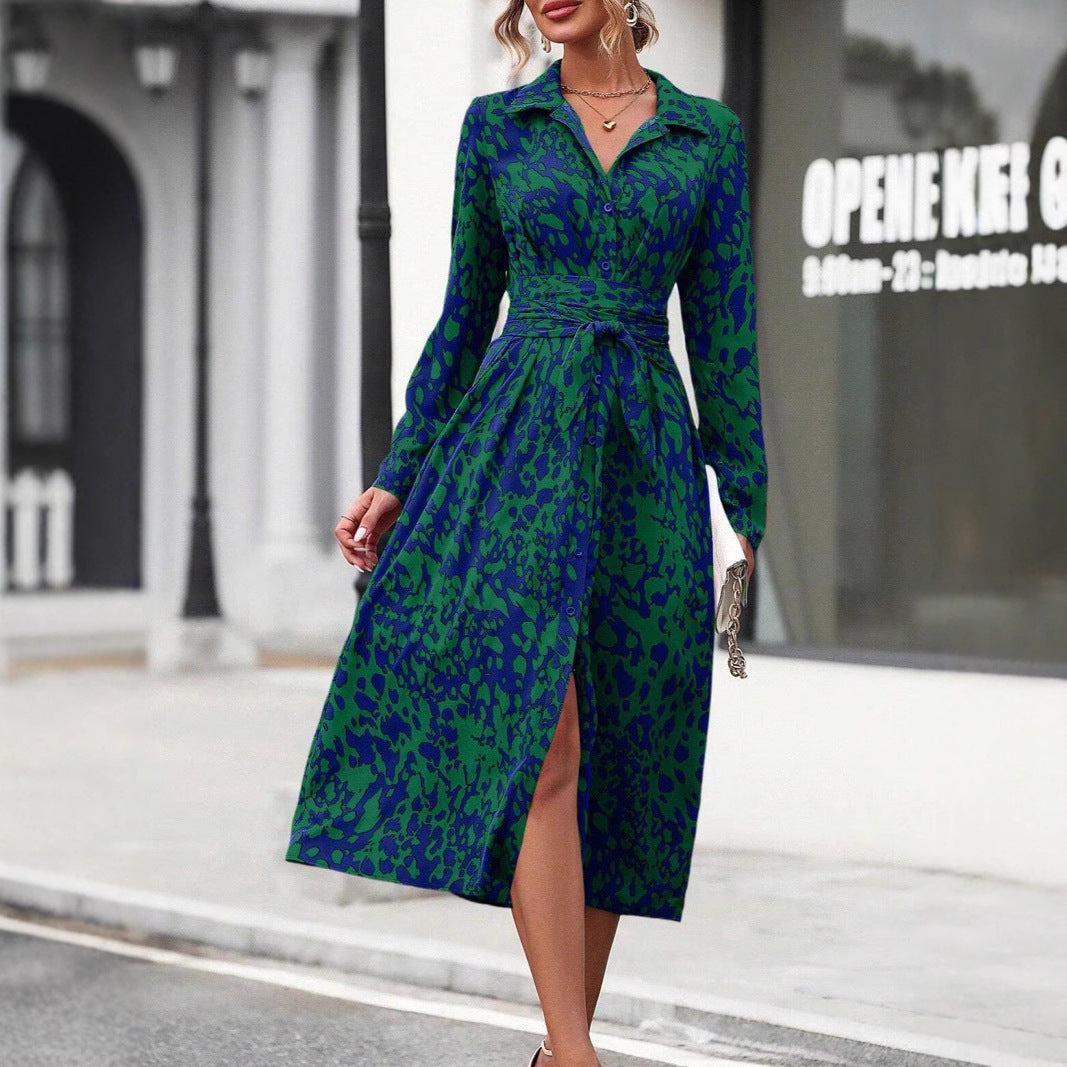 Woman wearing Floral Print Shirt Collar Maxi Dress in a sunny outdoor setting