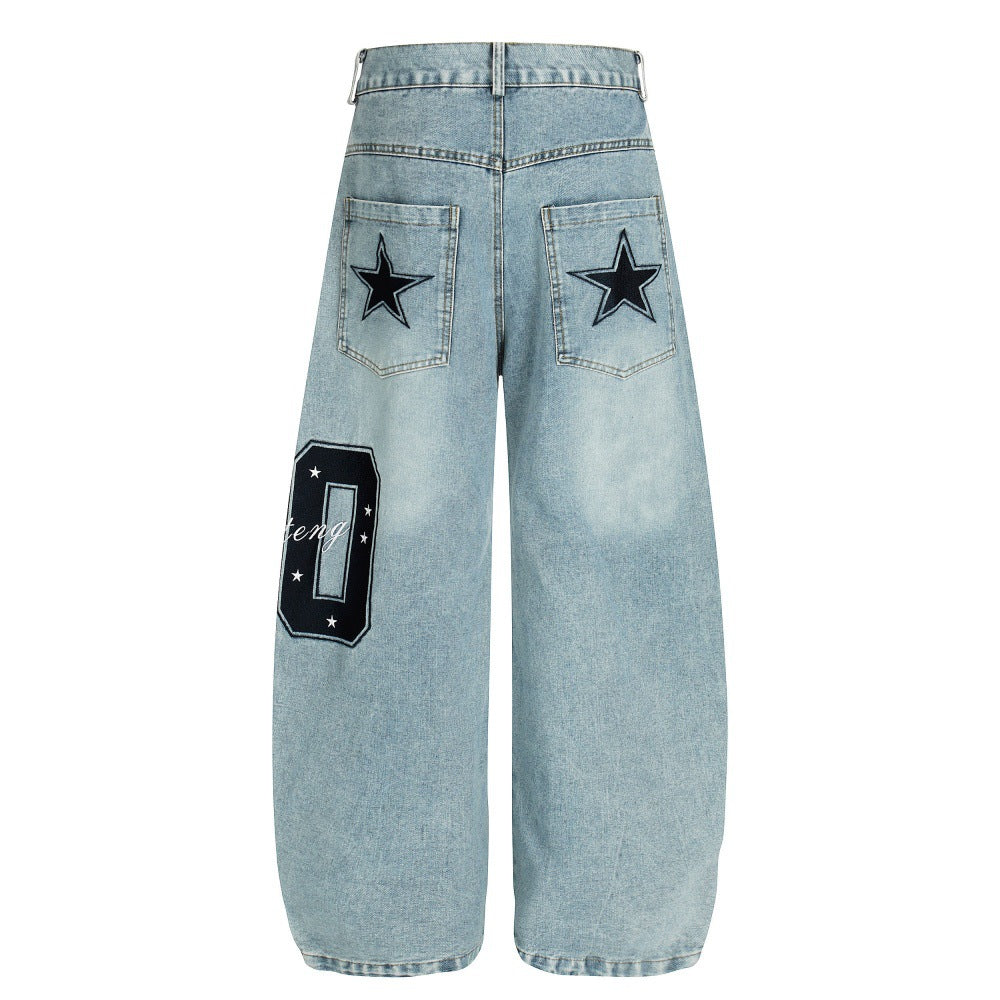 Woman wearing Five Pointed Star Embroidered Denim Cargo Pants in an urban setting