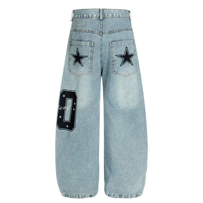Woman wearing Five Pointed Star Embroidered Denim Cargo Pants in an urban setting