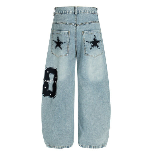 Woman wearing Five Pointed Star Embroidered Denim Cargo Pants in an urban setting