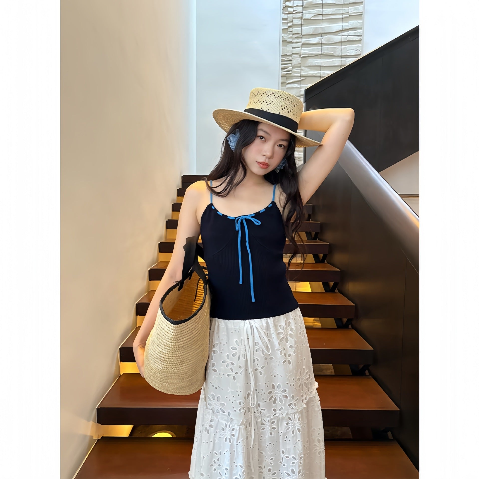 Woman wearing Lace-Up Strap Vest in a casual outdoor setting