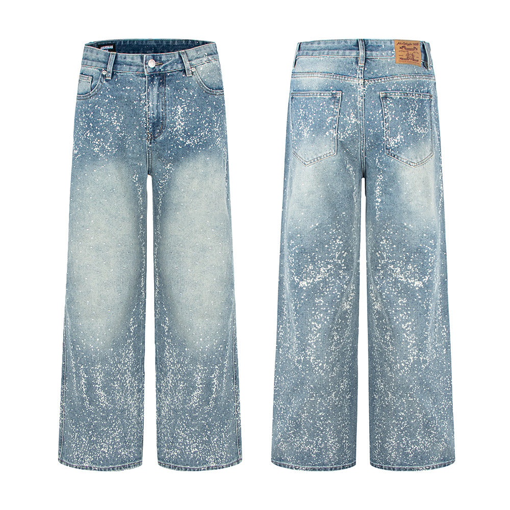Woman wearing Starry Sky Painted Design Denim Pants in a casual outdoor setting