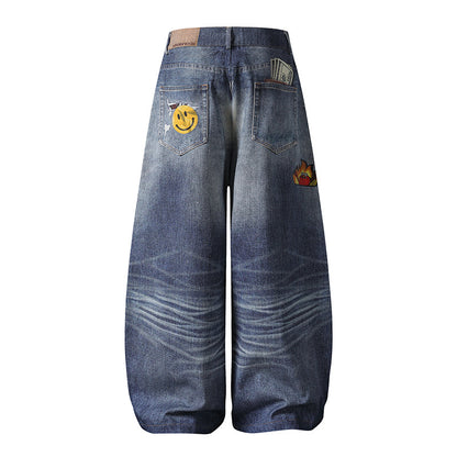 Embroidered Denim Wide Leg Straight Pants | Tajstylo