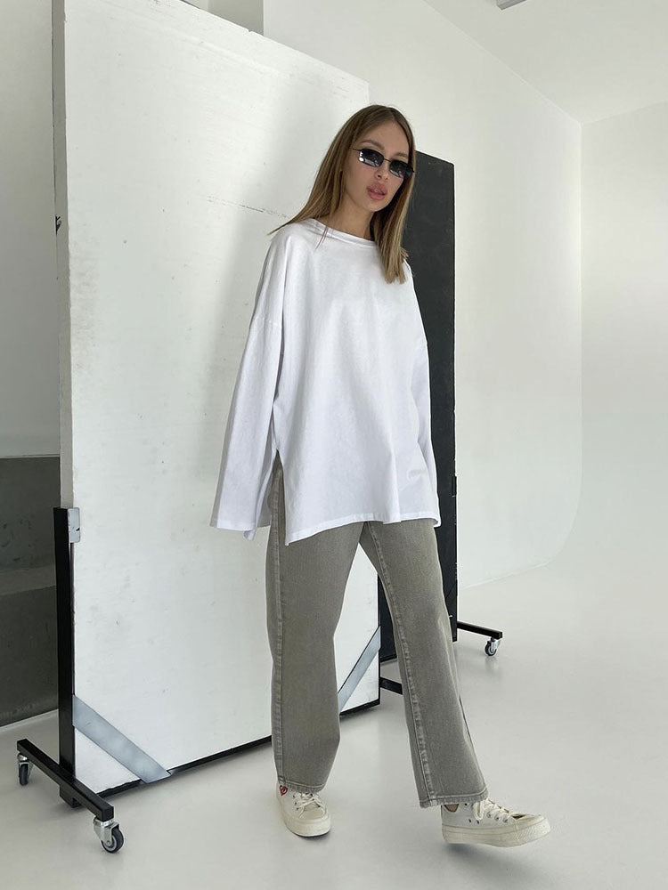 Loose Fit Long Sleeve Slit T-Shirt | Tajstylo