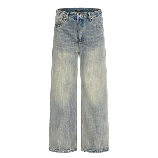 Woman wearing Washed Distressed Denim Straight Leg Pants in an urban setting