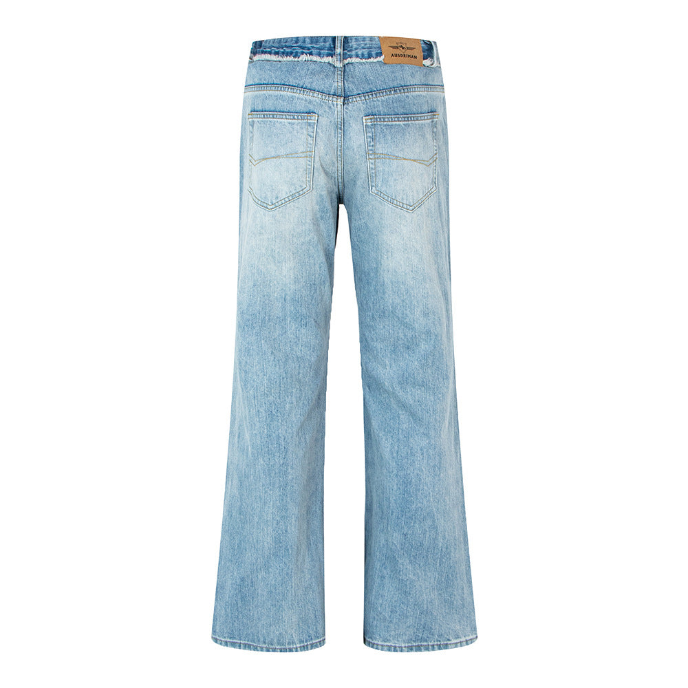 Woman wearing Distressed Loose Fit Straight Leg Jeans in a casual setting