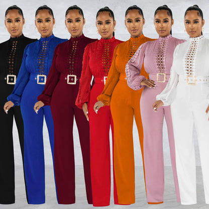 Woman wearing Belted Ruffle Cut-Out Full Length Jumpsuit in a stylish setting