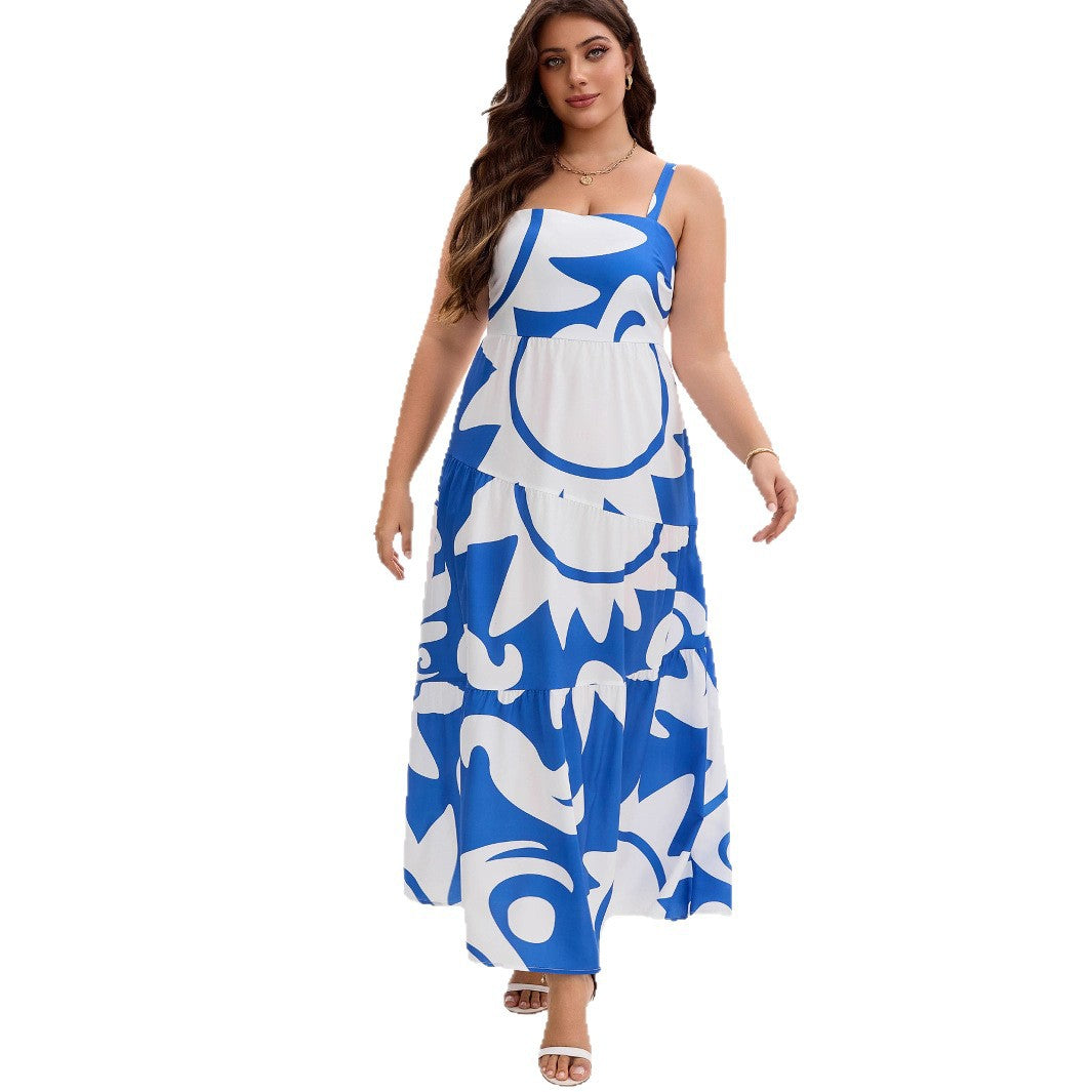 Woman wearing Geometric Print Layered Maxi Dress in a vacation setting