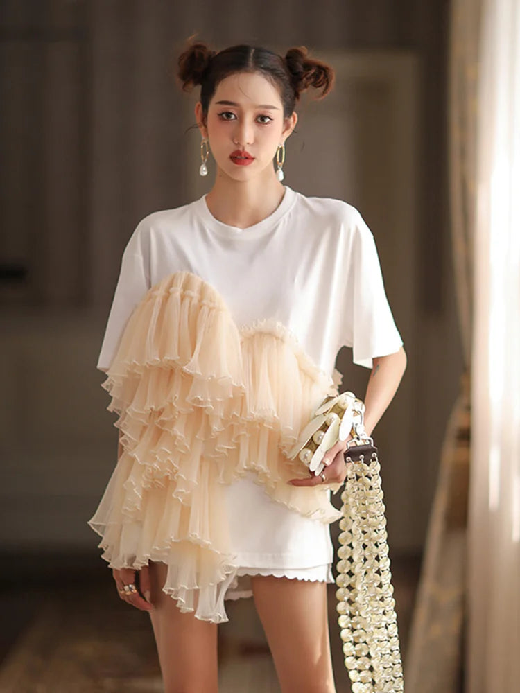 Cotton Mesh Patchwork Loose O Neck Short Sleeve T Shirt | Tajstylo
