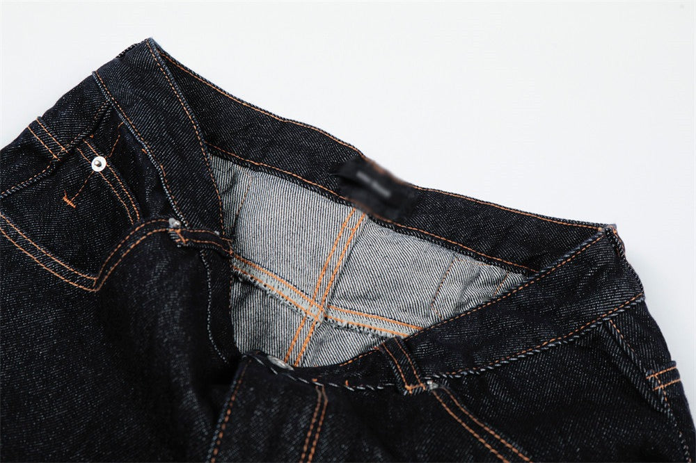 Woman wearing Original Blue Denim Straight Leg Pants in a casual outdoor setting
