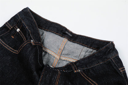 Woman wearing Original Blue Denim Straight Leg Pants in a casual outdoor setting