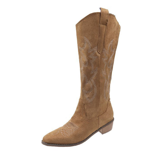 Women's Western Cowboy PU Leather Square Mid-Heel Mid-Calf Knight Boots – Front View | TajStylo