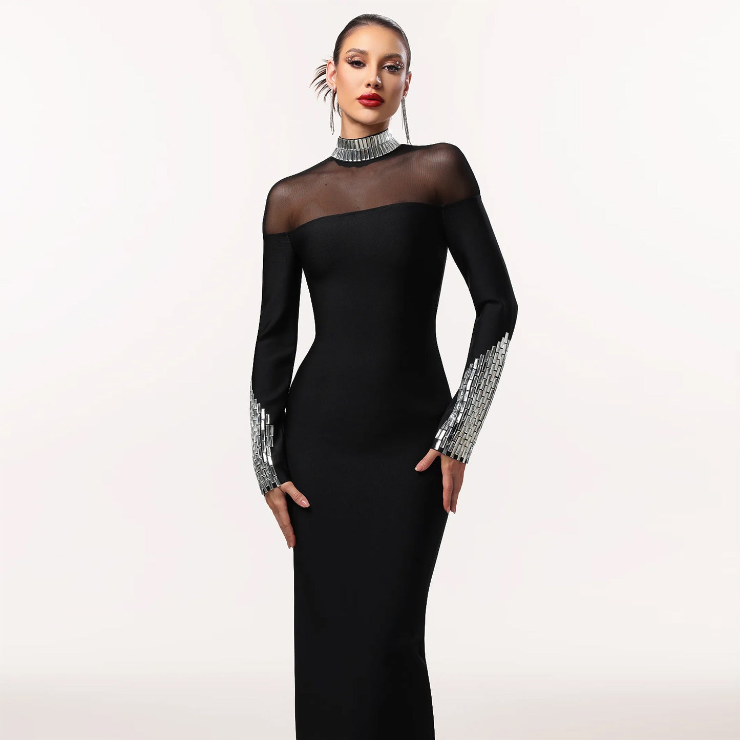 Elegant High Neck Long Sleeve Fitted Dress | Tajstylo