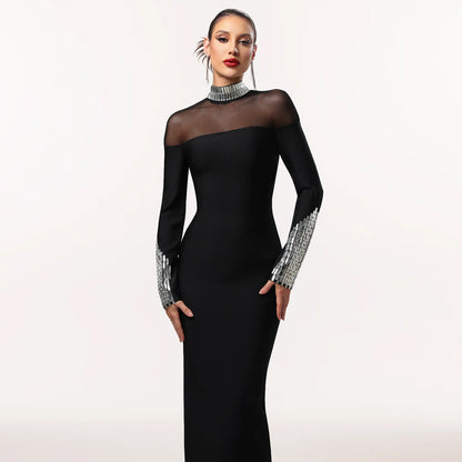 Elegant High Neck Long Sleeve Fitted Dress | Tajstylo