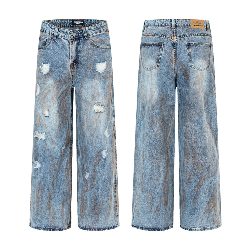 Woman wearing Oversized Straight Leg Washed Denim Pants in a casual setting