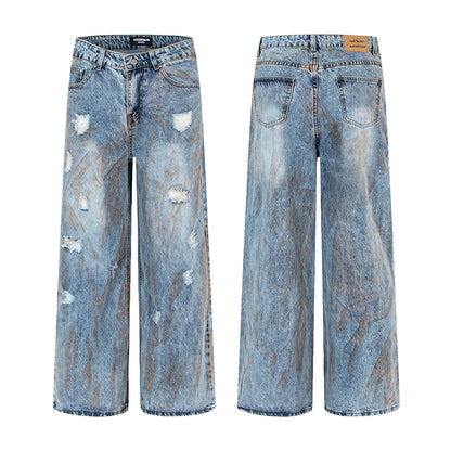Woman wearing Oversized Straight Leg Washed Denim Pants in a casual setting