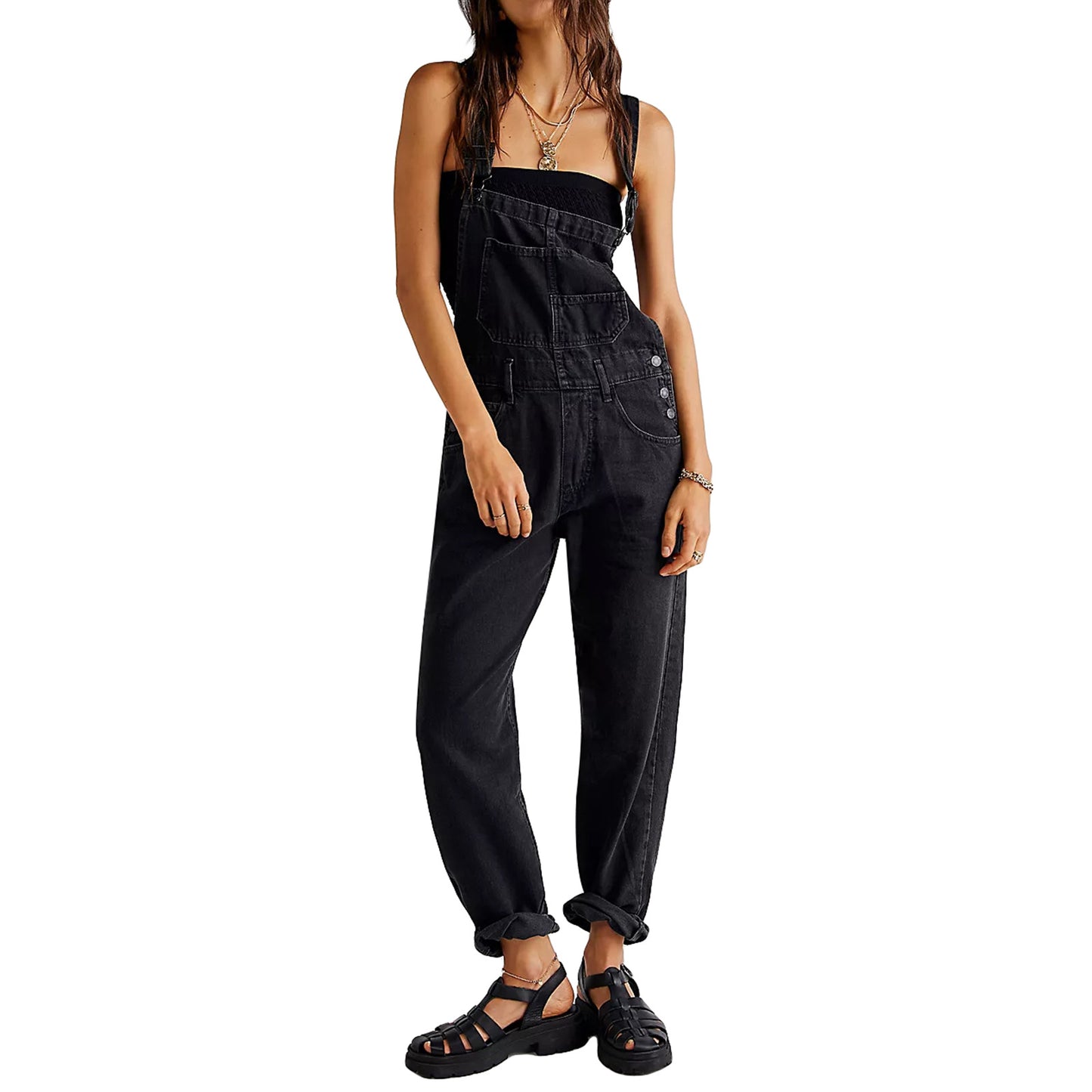 Woman wearing Strap Denim Pants in a casual setting
