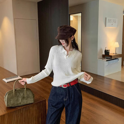 Woman wearing Slim Fit Long Sleeve Knit Sweater in a casual setting