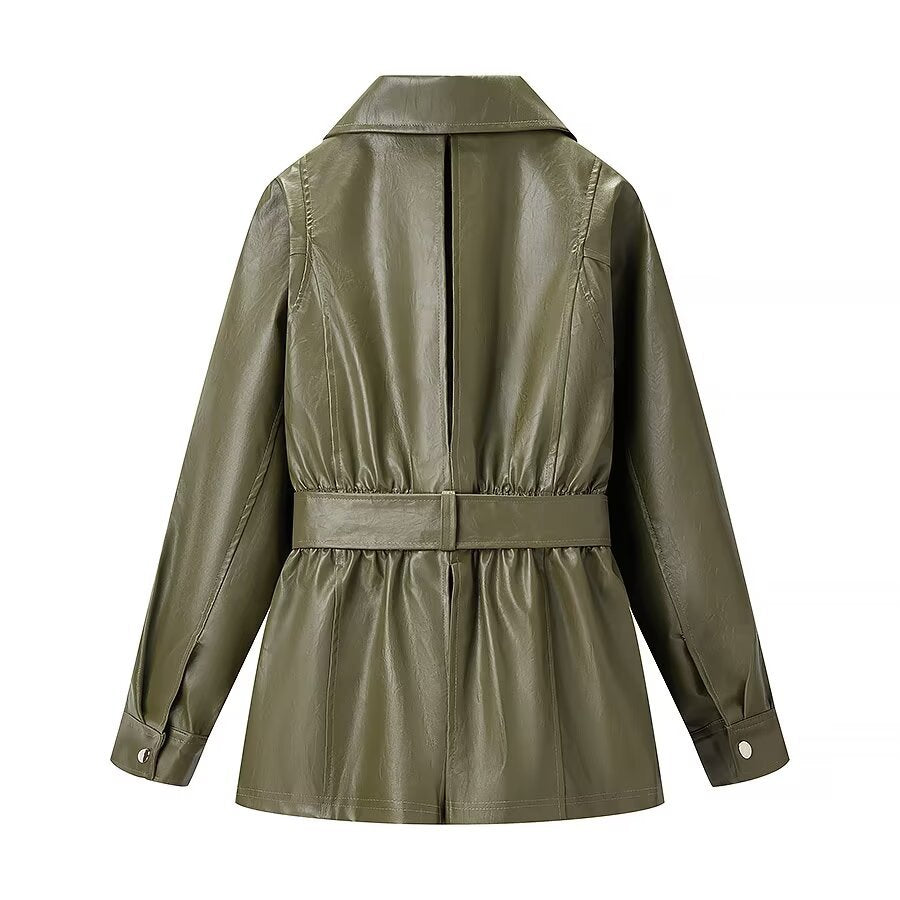 Street Elastic Waistband Faux Leather Jacket | Tajstylo
