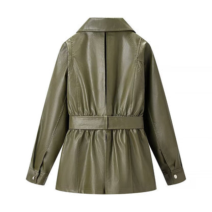 Street Elastic Waistband Faux Leather Jacket | Tajstylo