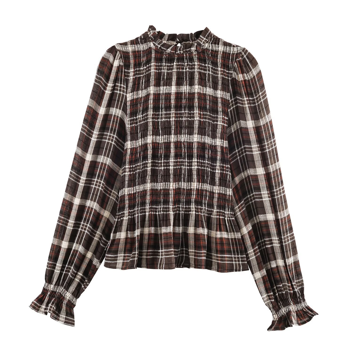 Woman wearing Long Sleeve Honeycomb Plaid Shirt in a casual setting