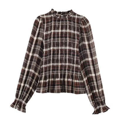 Woman wearing Long Sleeve Honeycomb Plaid Shirt in a casual setting
