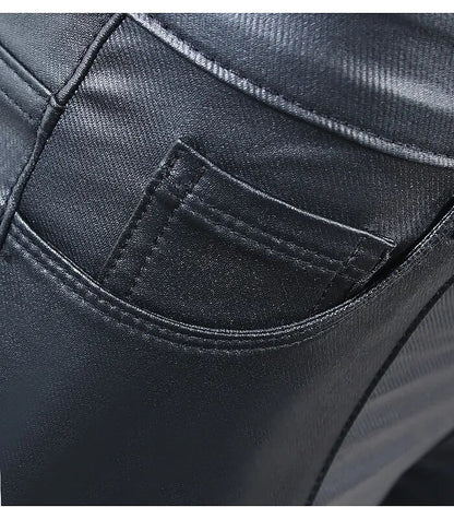 Black PU Leather Warm Fleece Pants | Tajstylo