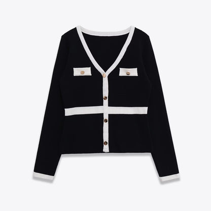 Woman wearing Color-Blocked V-Neck Cardigan Sweater in a casual setting