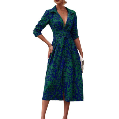 Woman wearing Floral Print Shirt Collar Maxi Dress in a sunny outdoor setting