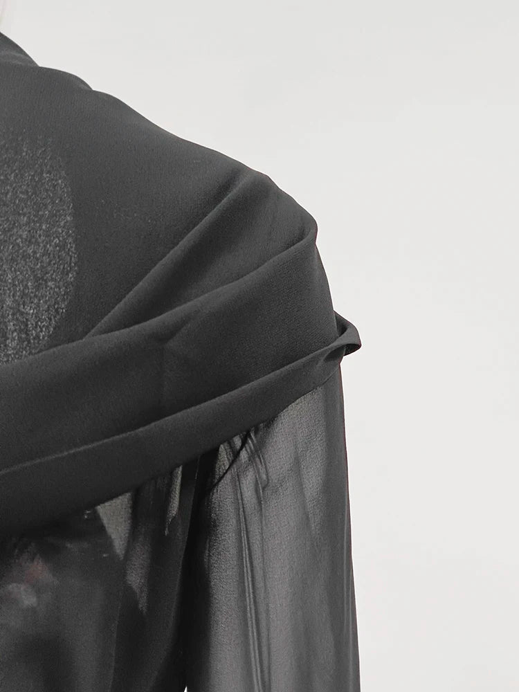 Woman wearing Solid Sheer Mesh Slimming Hooded Shirt in a casual setting
