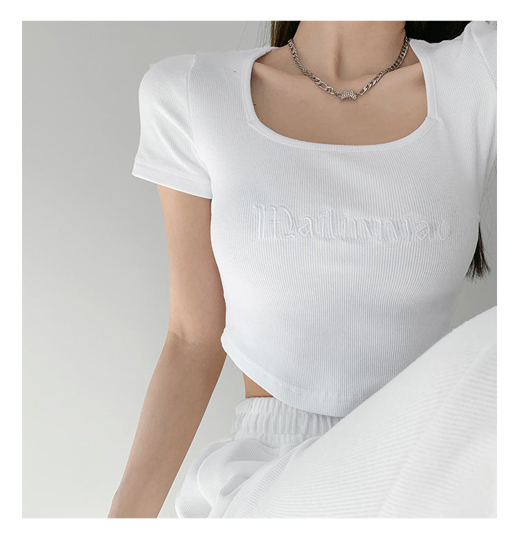 Vintage Letter Embroidery Fitted Bodysuit | Tajstylo