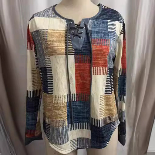 Woman wearing Dark Blue V-Neck Long Sleeve T-Shirt in a casual setting