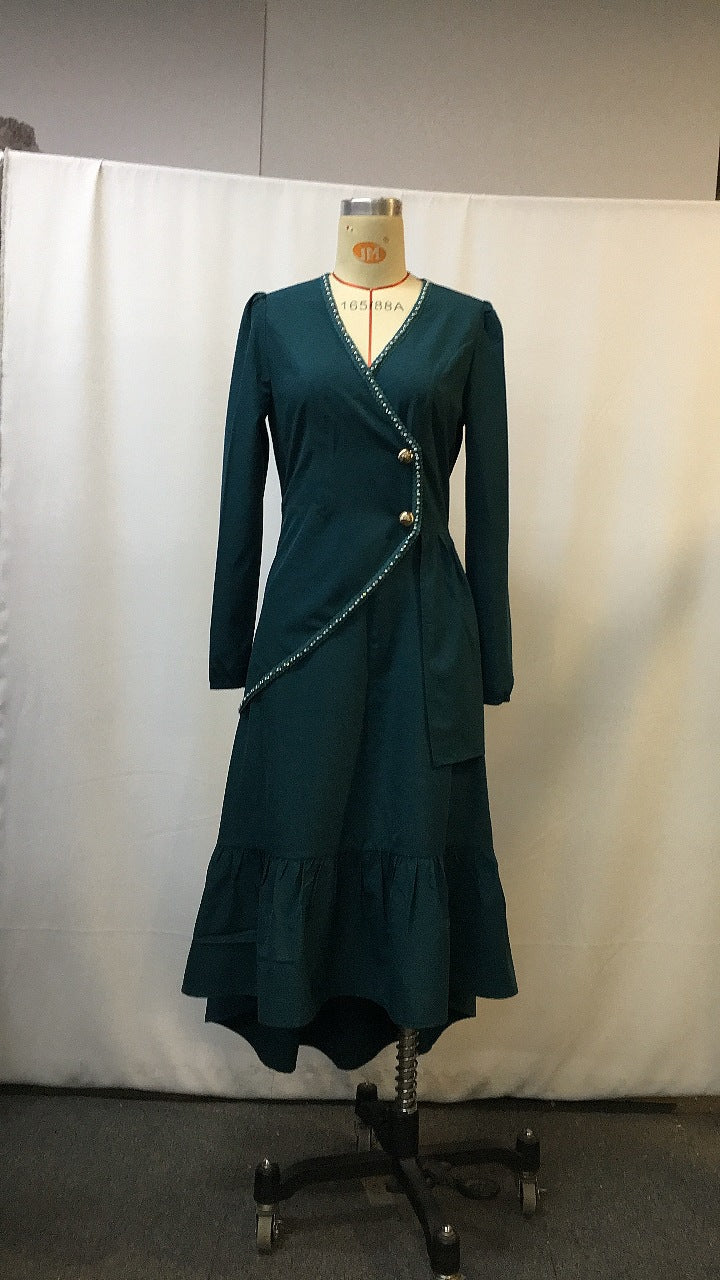 Green French Style V Neck Long Sleeve Dress | Tajstylo