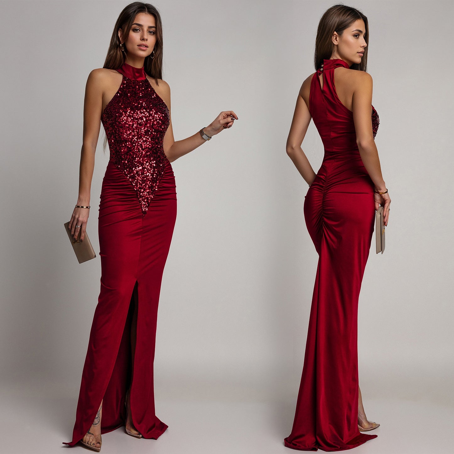 Fitted Sequin Velvet Split Dress | Tajstylo