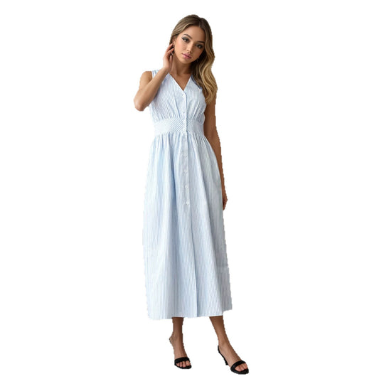 V-Neck Pleated Waist Striped Dress | Tajstylo