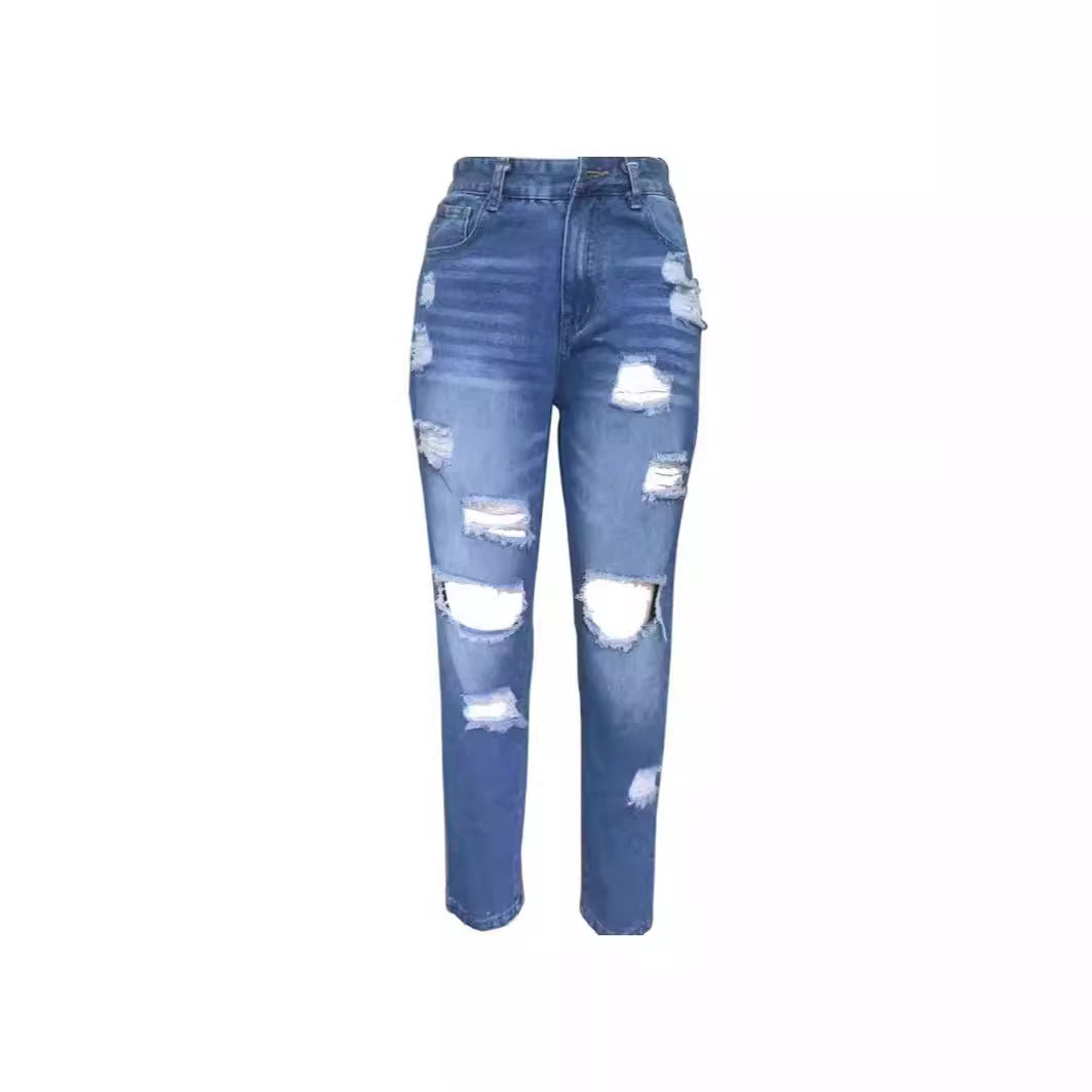 Woman wearing Ripped Mid Waist Jeans in a casual outdoor setting