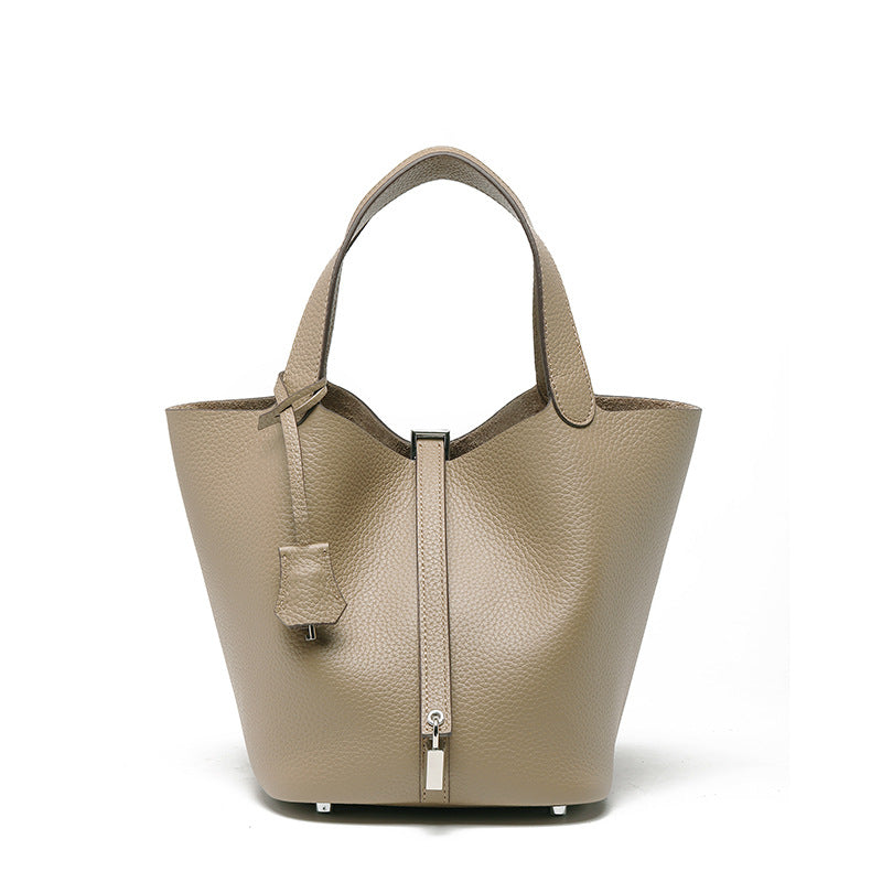 Women's Top Grain Cowhide Leather Bucket Bag – Model View | TajStylo