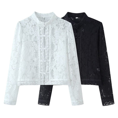 Buckle Embellished Lace Crochet Stand Collar Slim Fit Shirt | Tajstylo